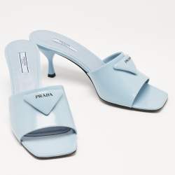 Pre Owned Prada Light Blue Leather Brushed Heel Slide Sandals Size 39.5