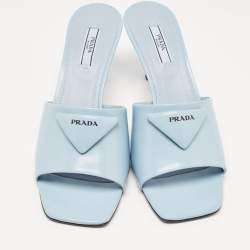 Pre Owned Prada Light Blue Leather Brushed Heel Slide Sandals Size 39.5