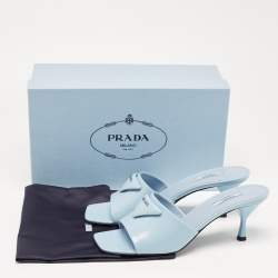 Pre Owned Prada Light Blue Leather Brushed Heel Slide Sandals Size 39.5