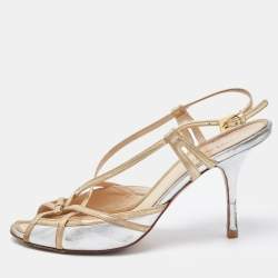 Pre Owned Prada Silver/Gold Leather Bow Strappy Slingback Sandals Size 38.5