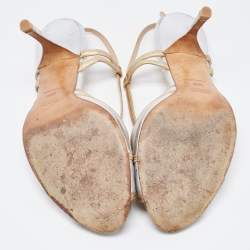 Pre Owned Prada Silver/Gold Leather Bow Strappy Slingback Sandals Size 38.5