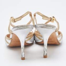 Pre Owned Prada Silver/Gold Leather Bow Strappy Slingback Sandals Size 38.5