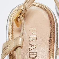 Pre Owned Prada Silver/Gold Leather Bow Strappy Slingback Sandals Size 38.5