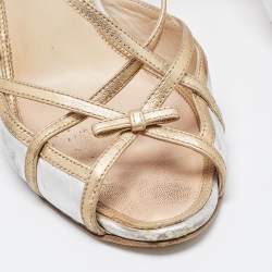 Pre Owned Prada Silver/Gold Leather Bow Strappy Slingback Sandals Size 38.5