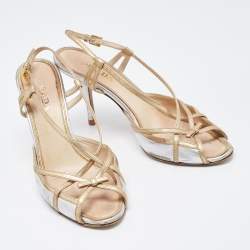Pre Owned Prada Silver/Gold Leather Bow Strappy Slingback Sandals Size 38.5
