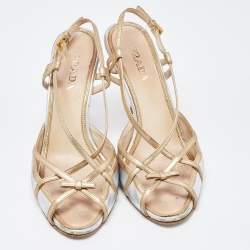 Pre Owned Prada Silver/Gold Leather Bow Strappy Slingback Sandals Size 38.5