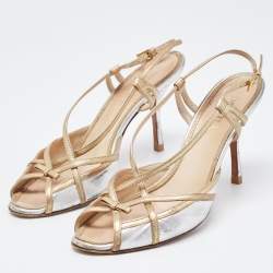 Pre Owned Prada Silver/Gold Leather Bow Strappy Slingback Sandals Size 38.5
