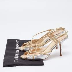 Pre Owned Prada Silver/Gold Leather Bow Strappy Slingback Sandals Size 38.5