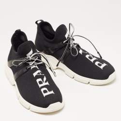 Pre Owned Prada Black Logo Knit Fabric Low Top Sneakers Size 38