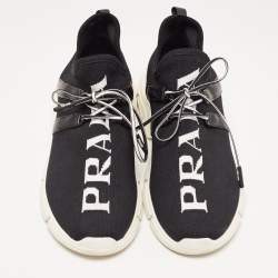 Pre Owned Prada Black Logo Knit Fabric Low Top Sneakers Size 38