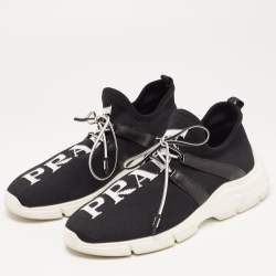 Pre Owned Prada Black Logo Knit Fabric Low Top Sneakers Size 38
