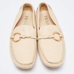 Pre Owned Prada Beige Leather Ring Buckle Loafers Size 38.5