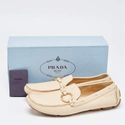 Pre Owned Prada Beige Leather Ring Buckle Loafers Size 38.5