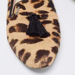 Pre Owned Prada Beige/Brown Leopard Print Calf Hair Smoking Slippers Size 38.5
