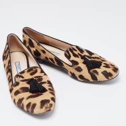 Pre Owned Prada Beige/Brown Leopard Print Calf Hair Smoking Slippers Size 38.5