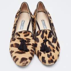 Pre Owned Prada Beige/Brown Leopard Print Calf Hair Smoking Slippers Size 38.5