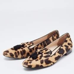Pre Owned Prada Beige/Brown Leopard Print Calf Hair Smoking Slippers Size 38.5
