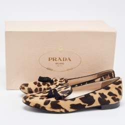 Pre Owned Prada Beige/Brown Leopard Print Calf Hair Smoking Slippers Size 38.5