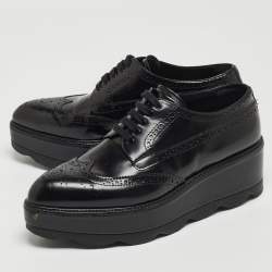 Prada Black Brogue Leather Platform Lace Up Wedge Platform Sneakers Size 39