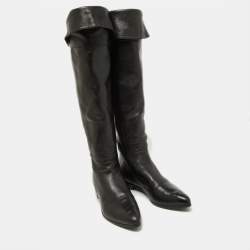 Pre Owned Prada Black Leather Knee Length Boots Size 38.5