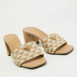 Prada Beige Jacquard Triangolo Slide Sandals Size 38