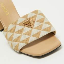 Prada Beige Jacquard Triangolo Slide Sandals Size 38