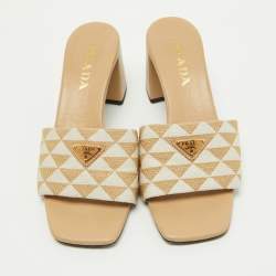 Prada Beige Jacquard Triangolo Slide Sandals Size 38