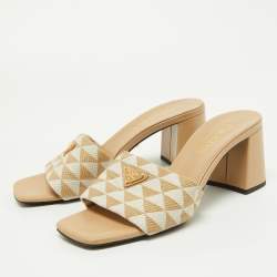 Prada Beige Jacquard Triangolo Slide Sandals Size 38