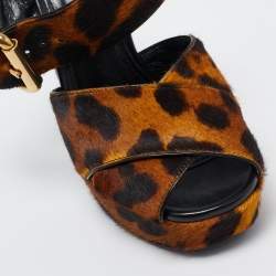 Prada Two Tone Leopard Print Calf Hair Platform Ankle Strap Sandals Size 36