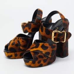 Prada Two Tone Leopard Print Calf Hair Platform Ankle Strap Sandals Size 36