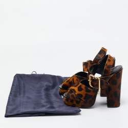 Prada Two Tone Leopard Print Calf Hair Platform Ankle Strap Sandals Size 36