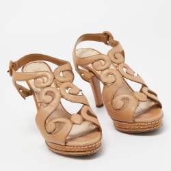 Prada Light Brown Leather Cut Out Platform Ankle Strap Sandals Size 36