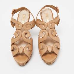 Prada Light Brown Leather Cut Out Platform Ankle Strap Sandals Size 36