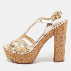Prada Metallic Gold Leather Cork Waged Sandals Size 40