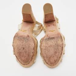 Prada Metallic Gold Leather Cork Waged Sandals Size 40