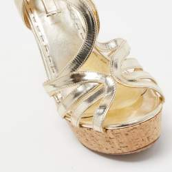 Prada Metallic Gold Leather Cork Waged Sandals Size 40