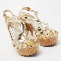 Prada Metallic Gold Leather Cork Waged Sandals Size 40