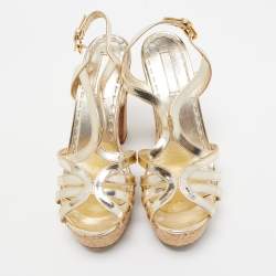 Prada Metallic Gold Leather Cork Waged Sandals Size 40