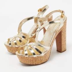 Prada Metallic Gold Leather Cork Waged Sandals Size 40
