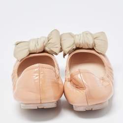 Prada Beige Patent Leather Bow Scrunch Ballet Flats Size 36.5
