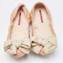 Prada Beige Patent Leather Bow Scrunch Ballet Flats Size 36.5