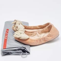 Prada Beige Patent Leather Bow Scrunch Ballet Flats Size 36.5