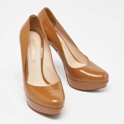 Prada Beige Patent Leather Platform Pumps Size 38