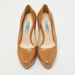 Pre Owned Prada Beige Patent Leather Platform Pumps Size 35