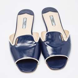 Prada Navy Blue Patent Flat Slides Size 38.5  