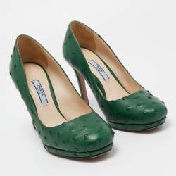 Pre Owned Prada Green Ostrich Leather Round Toe Pumps Size 36