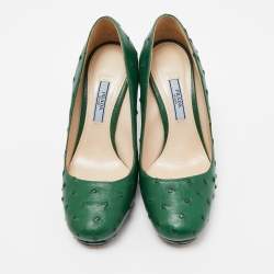 Pre Owned Prada Green Ostrich Leather Round Toe Pumps Size 36