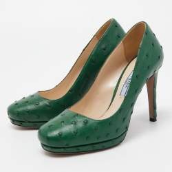 Pre Owned Prada Green Ostrich Leather Round Toe Pumps Size 36
