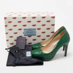 Pre Owned Prada Green Ostrich Leather Round Toe Pumps Size 36