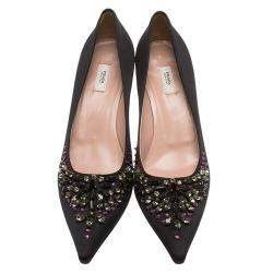 Prada Black Satin Embellished Pointed Toe Pumps Size 36.5